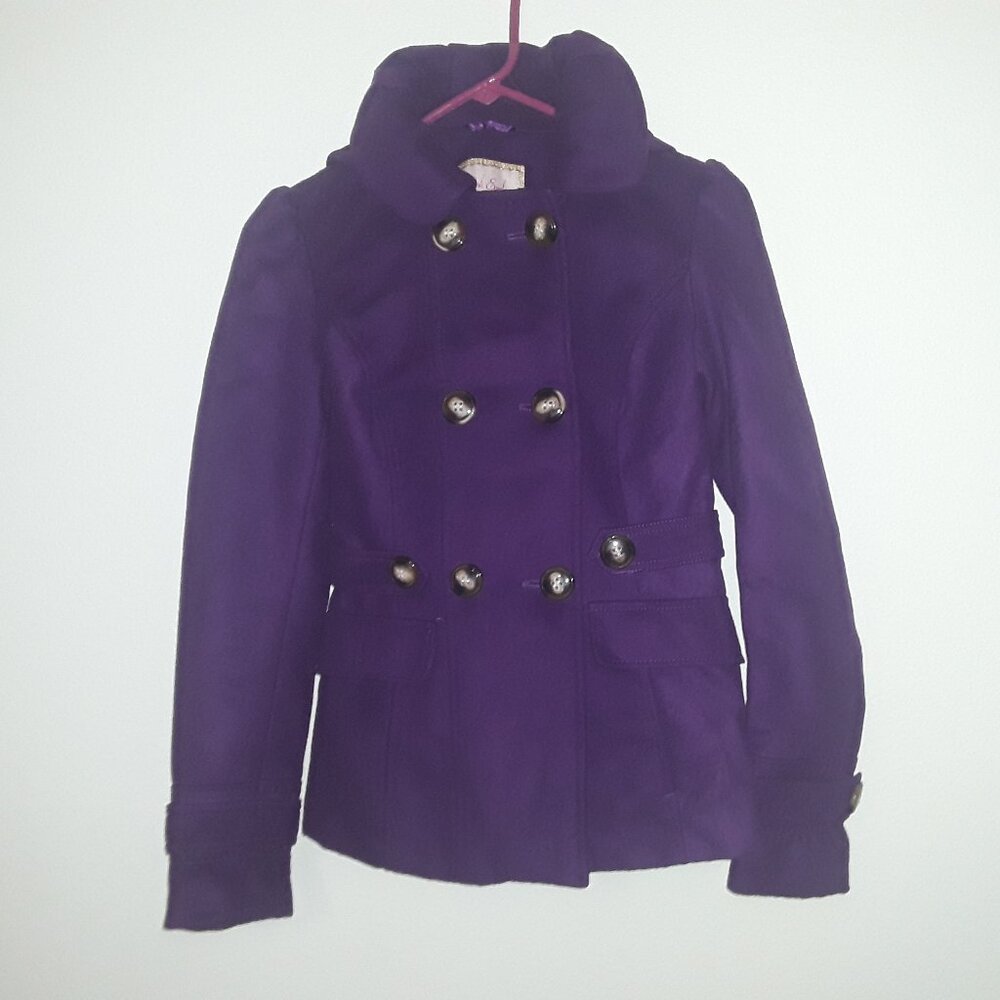 Ladies Pink Envelope, XS soft heavy purple coat w/satin liner, double button up,